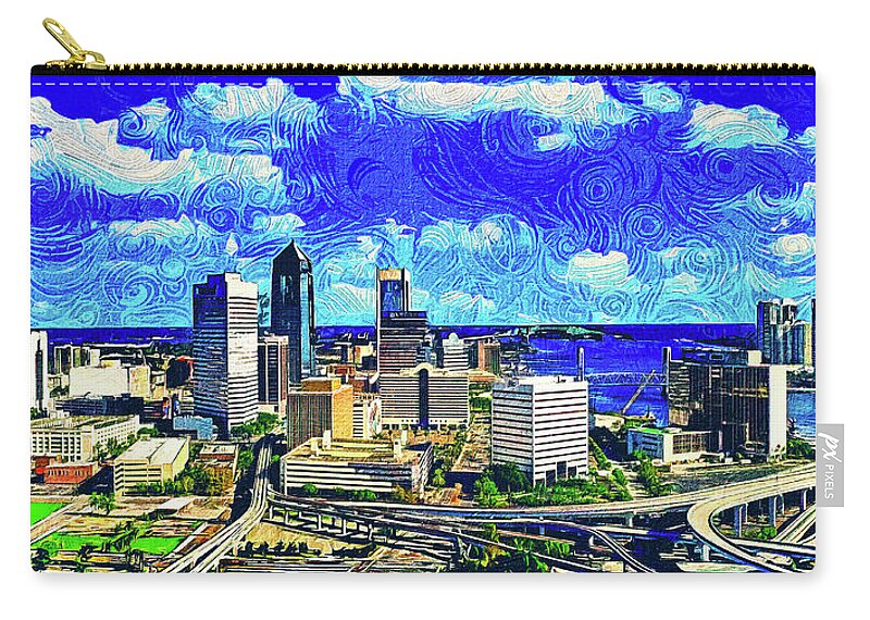 Downtown Jacksonville Zip Pouch featuring the digital art Skyline of downtown Jacksonville, Florida - impressionist painting by Nicko Prints