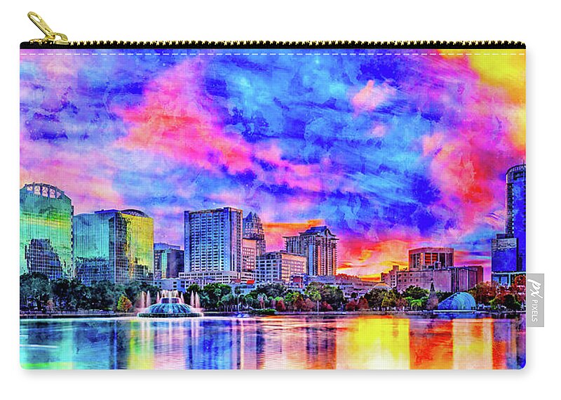 Downtown Orlando Zip Pouch featuring the digital art Skyline of downtown Orlando, Florida, seen at sunset from lake Eola - ink and watercolor by Nicko Prints