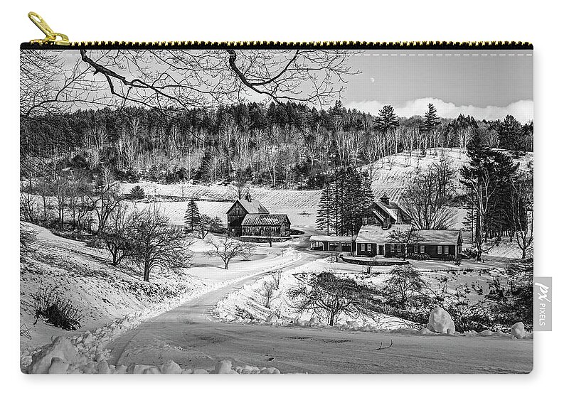 Pomfret Zip Pouch featuring the photograph Sleepy Hollow farm in Winter Snow Pomfret VT Woodstock Black and White by Toby McGuire