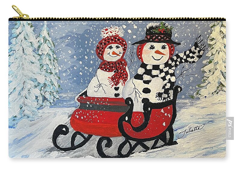 Snowman Carry-all Pouch featuring the painting Sleighride in the Snow by Juliette Becker