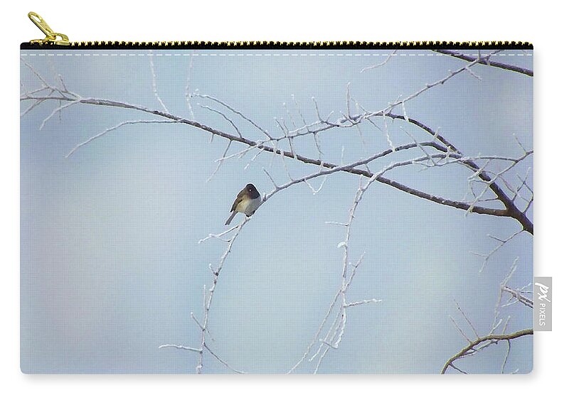 Winter Zip Pouch featuring the mixed media Snow bird, a finch in winter by Shelli Fitzpatrick