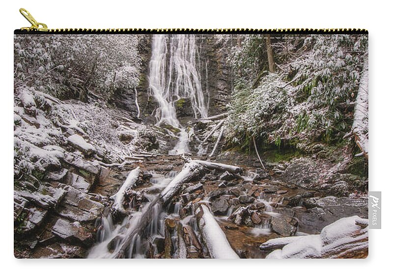 Blue Ridge Parkway Zip Pouch featuring the photograph Snow Covered Mingo Falls by Robert J Wagner