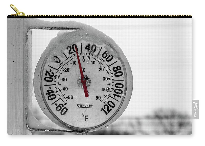 Thermometer Zip Pouch featuring the photograph Snow Covered Thermometer by Cathy Kovarik