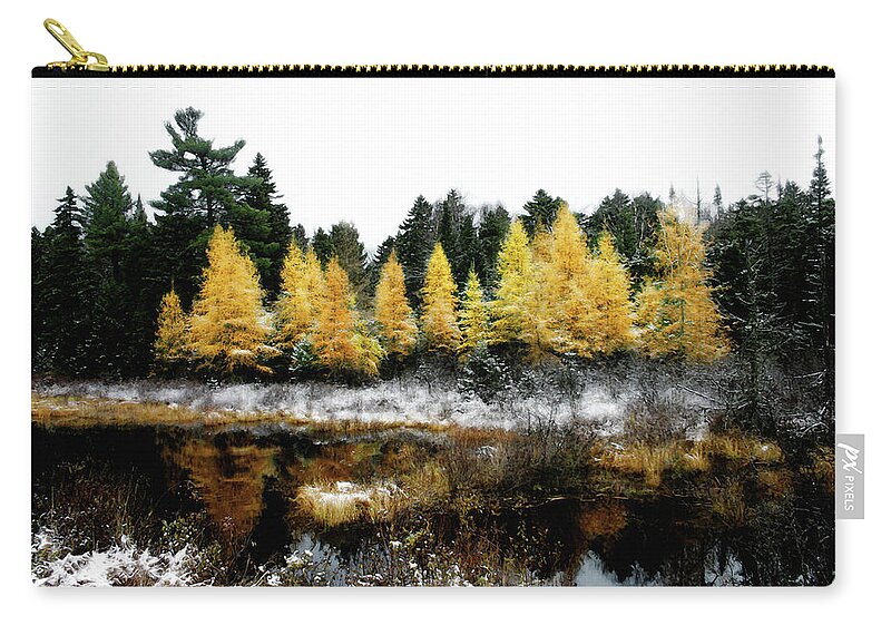 Snow.tamarack Zip Pouch featuring the photograph Snow Paints Larch Grove by Wayne King