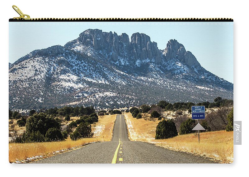 Snow Zip Pouch featuring the photograph Snow - Texas Highway 166 and Sawtooth Mountain by Renny Spencer