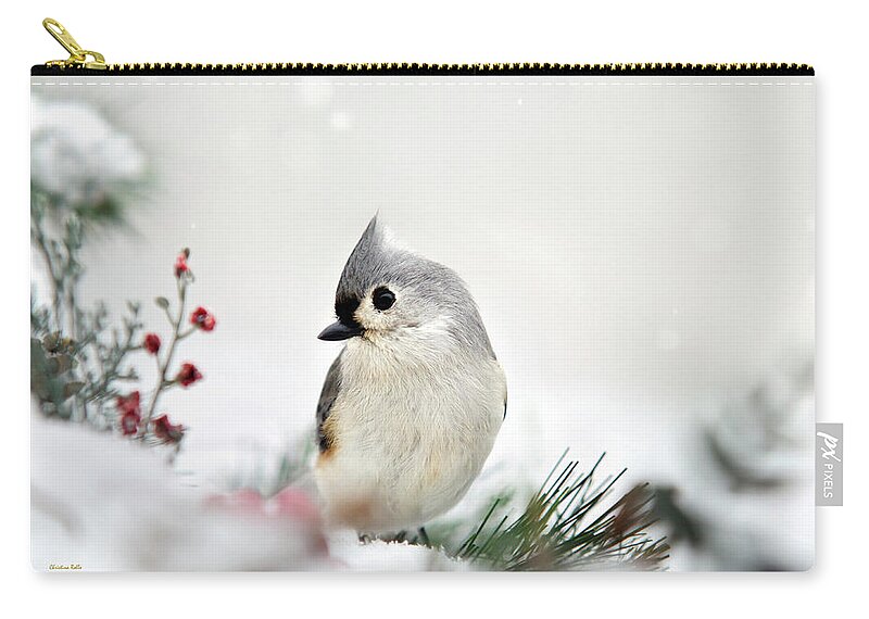Birds Zip Pouch featuring the photograph Snow White Tufted Titmouse by Christina Rollo