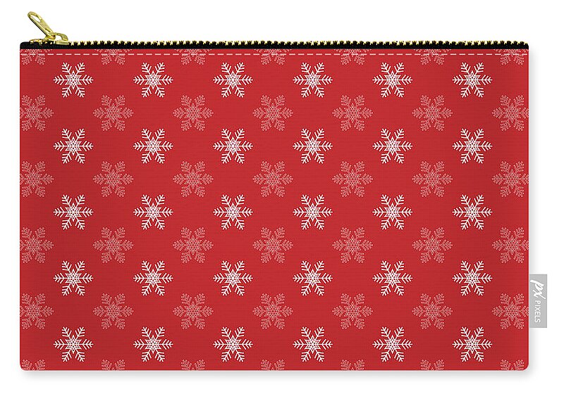 Snowflake Patterns Zip Pouch featuring the digital art Snowflake Pattern in Red and White by Eclectic at Heart