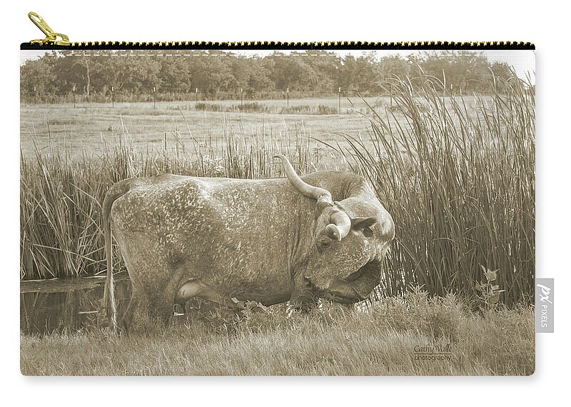 Texas Longhorn Cow Picture Zip Pouch featuring the photograph Snowflake - Texas longhorn cow in Sepia by Cathy Valle