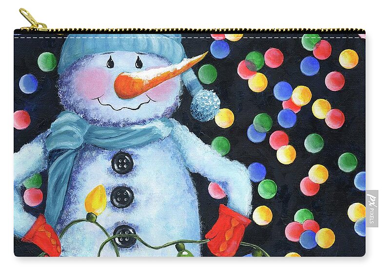 Snowman Carry-all Pouch featuring the painting Snowie with Twinkling Lights by Donna Tucker