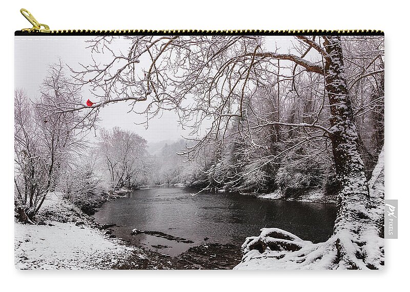Bird Zip Pouch featuring the photograph Snowing at the River by Debra and Dave Vanderlaan
