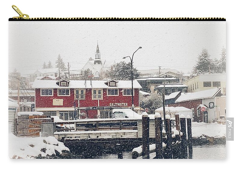 Snow Zip Pouch featuring the photograph Snowing in Poulsbo by Jerry Abbott