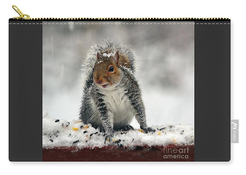 Squirrel Zip Pouch featuring the photograph Snowy Curious Squirrel by Sea Change Vibes
