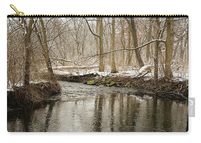 Blackwell Forest Preserve Zip Pouch featuring the photograph Snowy Midwest Stream by Joni Eskridge