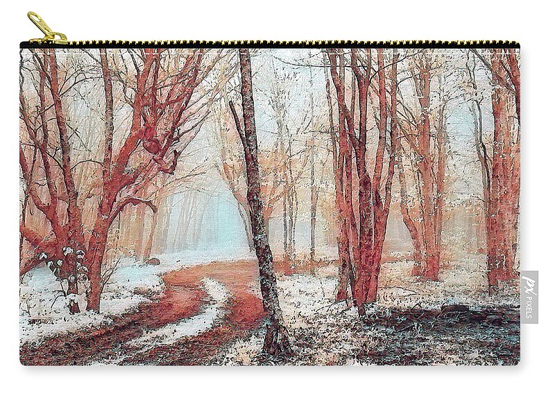 North Carolina Zip Pouch featuring the painting Snowy Trees in the Fog fx by Dan Carmichael