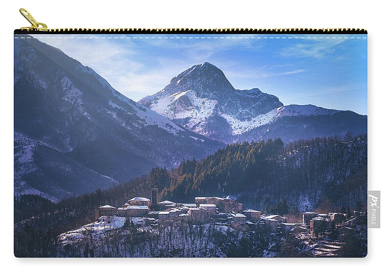 Garfagnana Zip Pouch featuring the photograph Snowy village in Alpi Apuane by Stefano Orazzini
