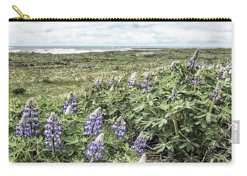 Clouds Zip Pouch featuring the photograph Soft Lupines at the Edge of the Sea by Debra and Dave Vanderlaan