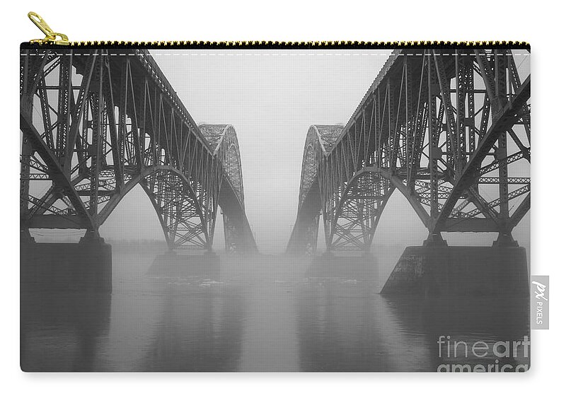 South Grand Island Bridge Zip Pouch featuring the photograph South Grand Island Bridge in the Fog by Tony Lee