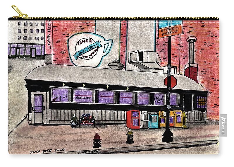 Paul Meinerth Zip Pouch featuring the drawing South Street Diner by Paul Meinerth