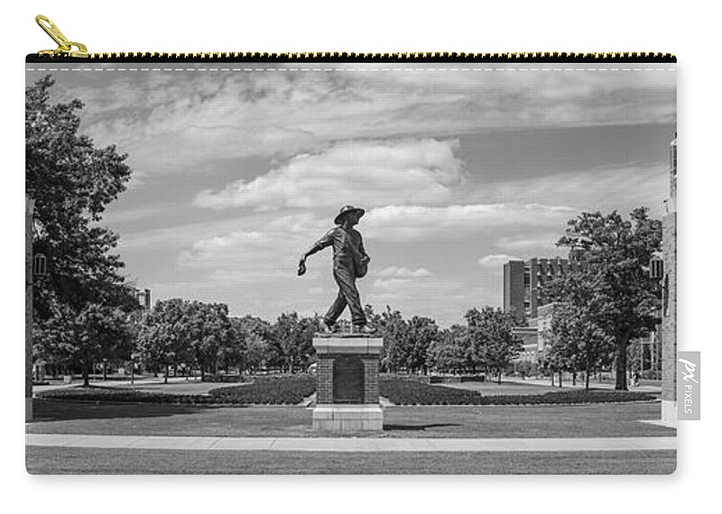 Sower Statue Carry-all Pouch featuring the photograph Sower Statue on the campus of the University of Oklahoma in panoramic black and white by Eldon McGraw