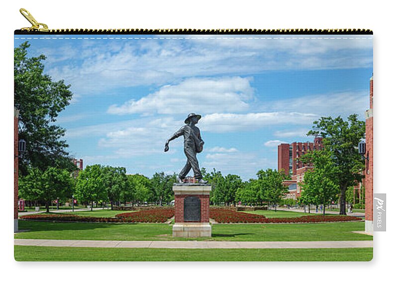 Sower Statue Zip Pouch featuring the photograph Sower Statue on the campus of the University of Oklahoma panoramic view by Eldon McGraw