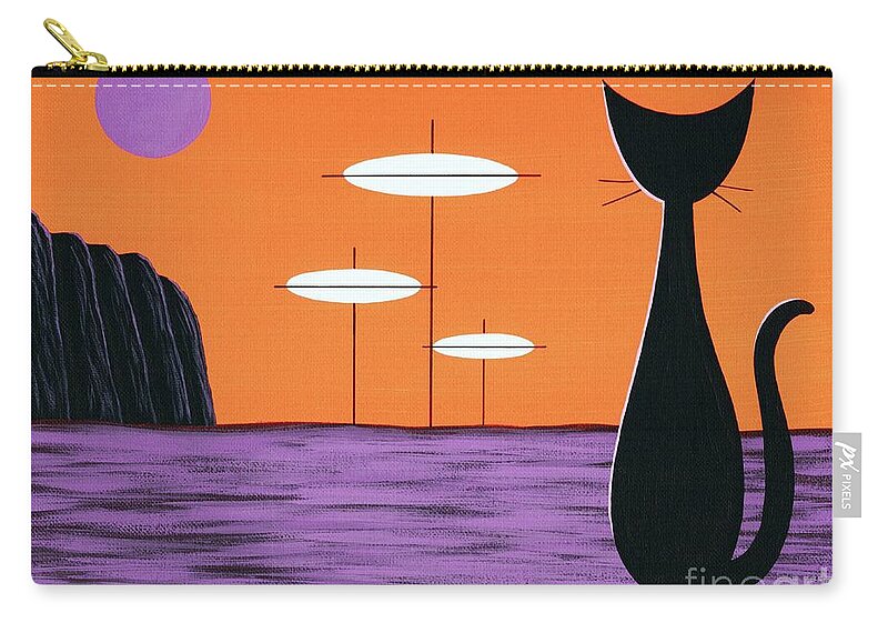 Mid Century Modern Carry-all Pouch featuring the painting Space Cat in Orange and Purple by Donna Mibus