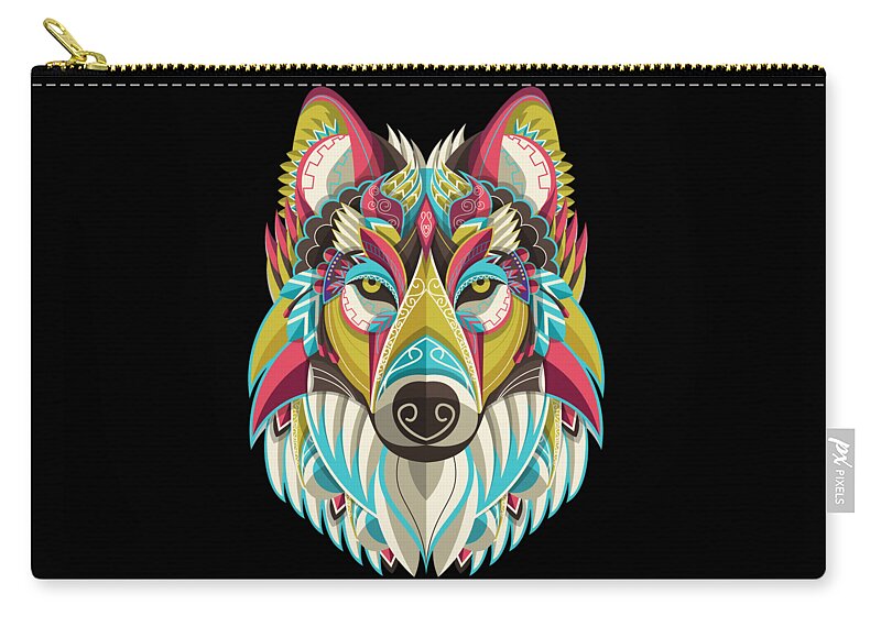 Wolf Zip Pouch featuring the painting Spirit Wolf Dog Colorful Mandala by Tony Rubino