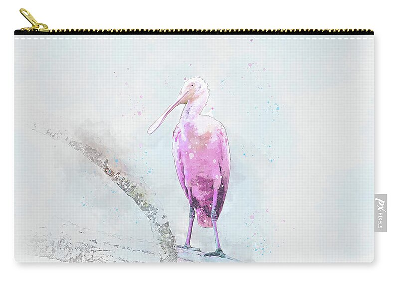 Roseate Spoonbill Zip Pouch featuring the mixed media Spoonbill on a Branch by Pamela Williams