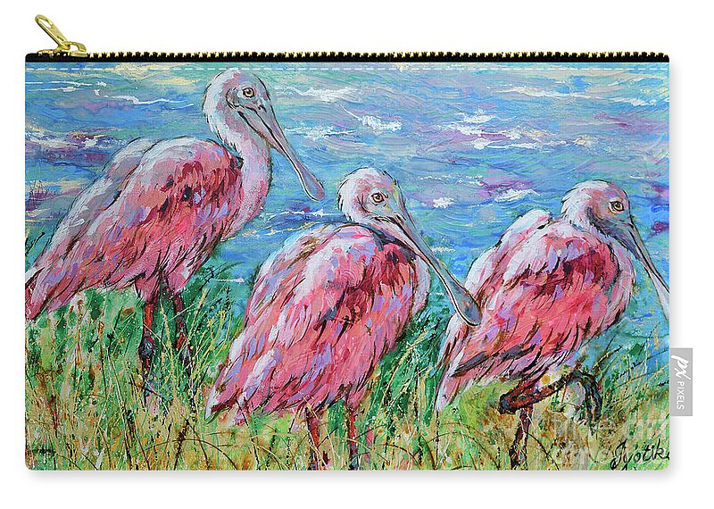 Spoonbills Carry-all Pouch featuring the painting Spoonbills at the Lake by Jyotika Shroff