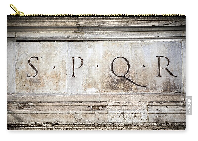 Rome Zip Pouch featuring the photograph SPQR engraved on stone in Rome, Italy by Fabiano Di Paolo