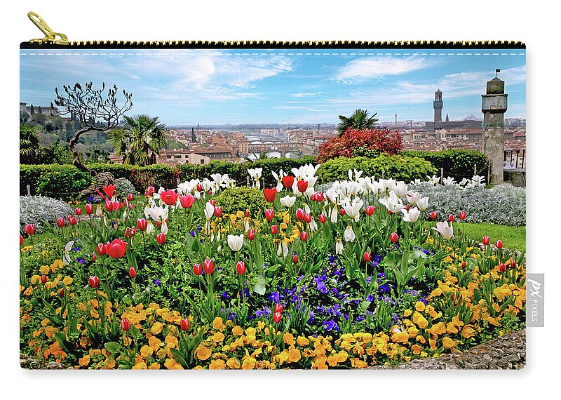Spring Zip Pouch featuring the photograph Spring Flowerbed at Piazza Michelangelo in Florence Italy by Lily Malor