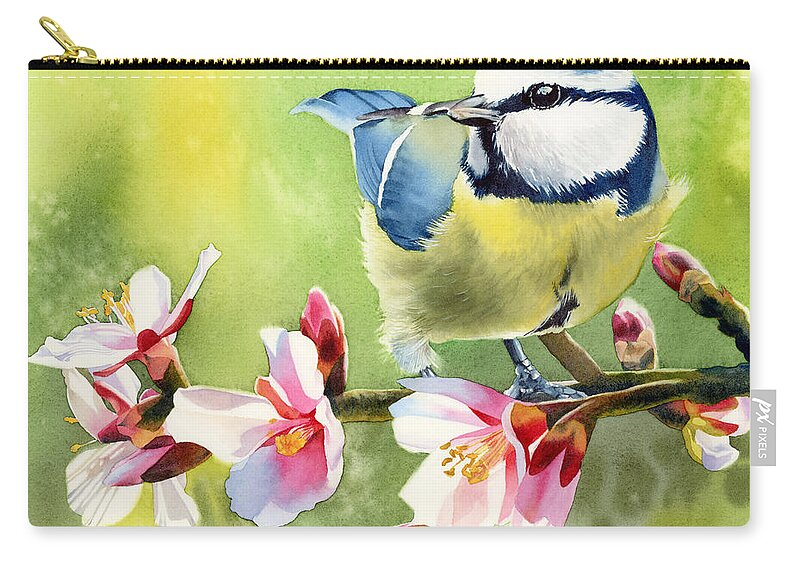 Blue Tit Carry-all Pouch featuring the painting Spring Twittering by Espero Art