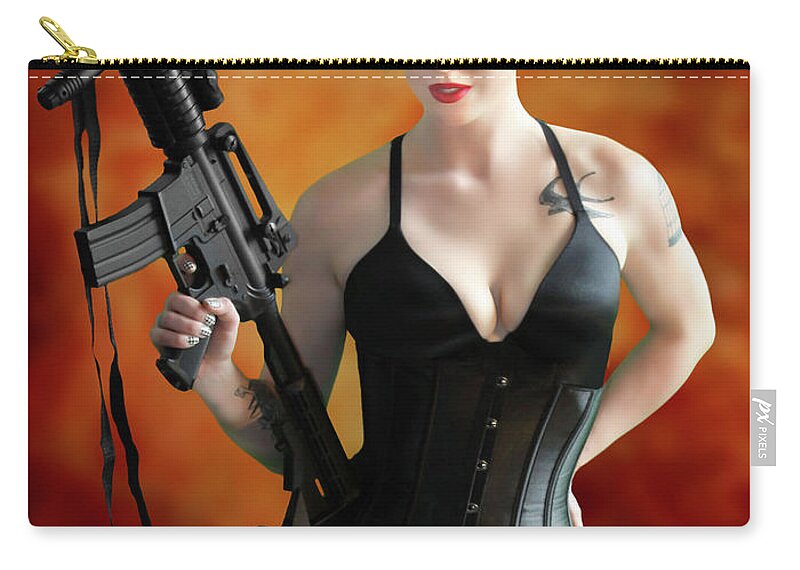 Cosplay Zip Pouch featuring the photograph Spy in Lingerie with M16 by Jon Volden