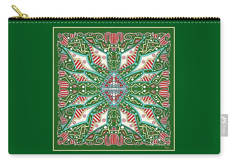 Red And White Stripes Zip Pouch featuring the mixed media Square Design with Turquoise Diamonds with Red and White Stripes on a Green Background by Lise Winne