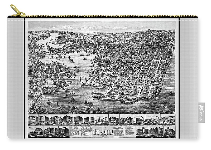 St John Zip Pouch featuring the photograph St John New Brunswick Vintage Map Birds Eye View 1882 Black and White by Carol Japp