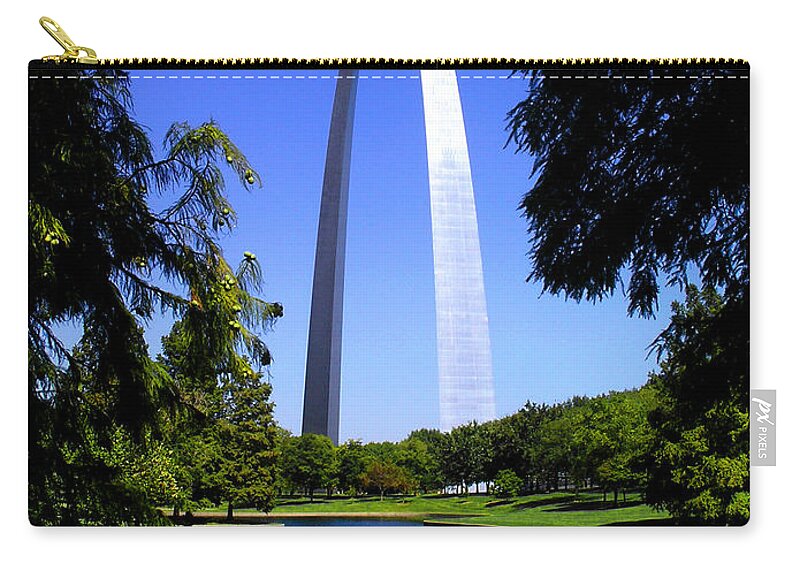 Architecture Zip Pouch featuring the photograph St Louis Gateway Arch Water Trees by Patrick Malon
