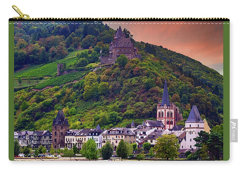Stahleck Castle Zip Pouch featuring the digital art Stahleck Castle Above Bacharach at Sunset, Dry Brush on Sandstone by Ron Long Ltd Photography