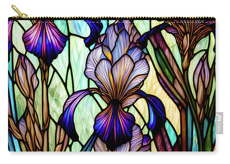 Irises Zip Pouch featuring the digital art Stained Glass Irises by Peggy Collins
