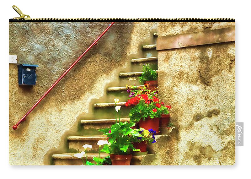 Stairs;flower Pots; Tuscany Red; Old Walls Zip Pouch featuring the photograph Stairs to Heaven by Eggers Photography