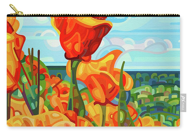 Red Orange Poppies Carry-all Pouch featuring the painting Standing Tall by Mandy Budan