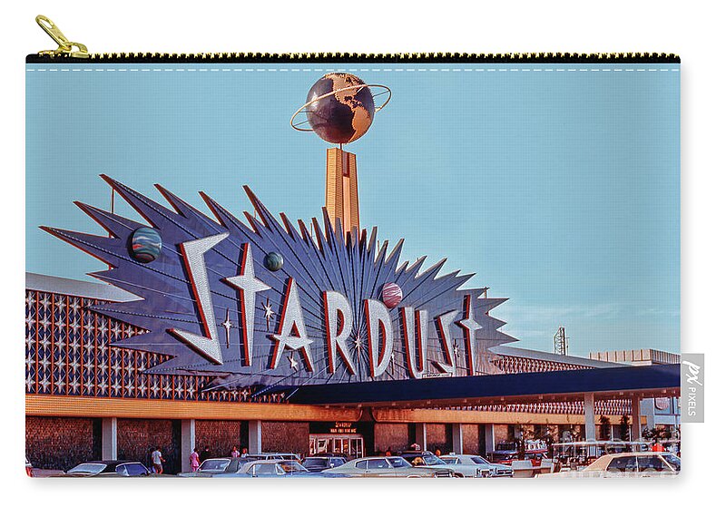 Stardust Casino Zip Pouch featuring the photograph Stardust Casino Facade in the Afternoon 1970s by Aloha Art