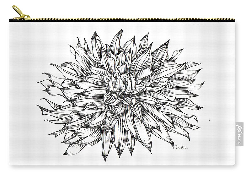 Ink Paper Drawing Illustration Dahlia Black White Zip Pouch featuring the drawing Starlight and Dahlias by Catherine Bede