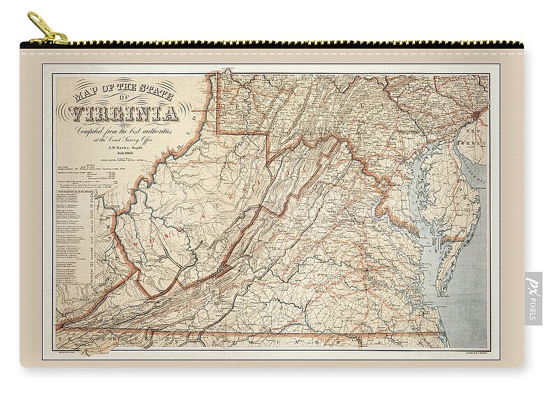 Virginia Zip Pouch featuring the photograph State of Virginia Vintage Map 1863 by Carol Japp