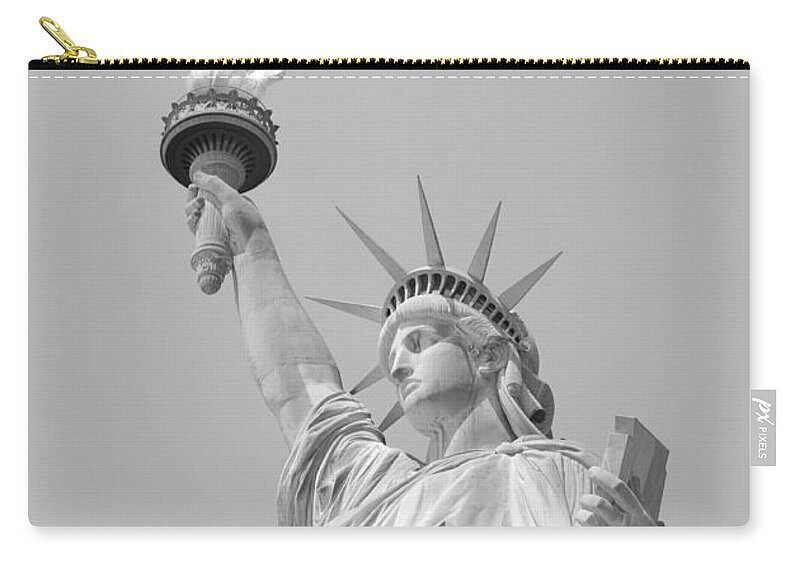 Statue Of Liberty Zip Pouch featuring the photograph Statue of Liberty Black and White by War Is Hell Store