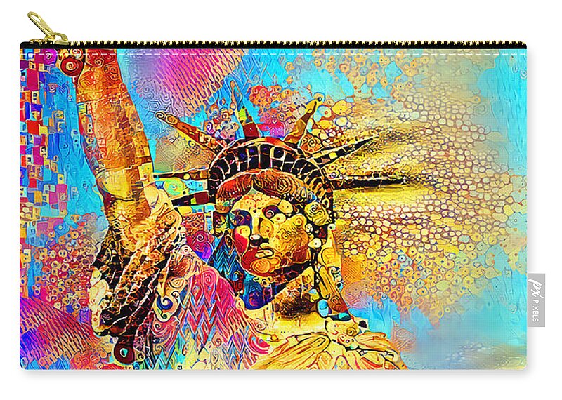 Wingsdomain Zip Pouch featuring the photograph Statue of Liberty in a Gustav Klimt World 20210701 v2 by Wingsdomain Art and Photography