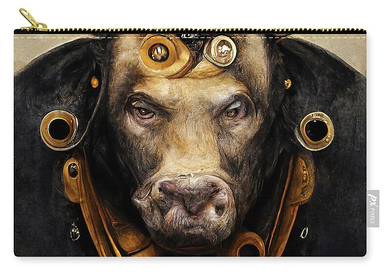 Bull Zip Pouch featuring the digital art Steampunk Animal 08 Bull Portrait by Matthias Hauser