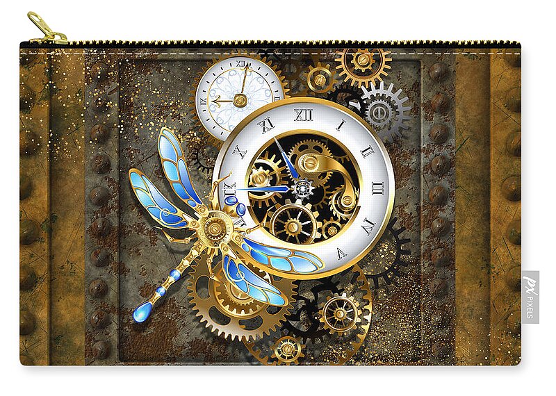 Wallart Zip Pouch featuring the digital art Steampunk Dragonfly Clock by Tina Mitchell