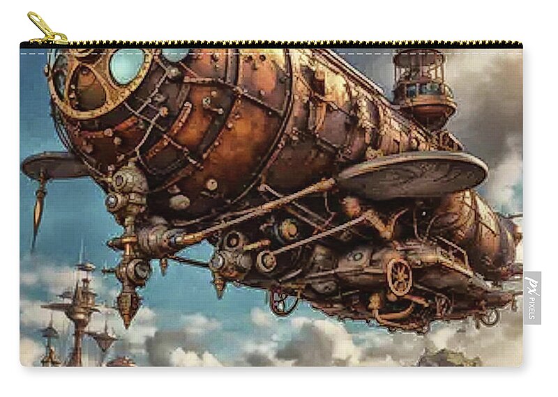 Steampunk Flying Machine Zip Pouch featuring the digital art Steampunk Flyer by Constantine Gregory