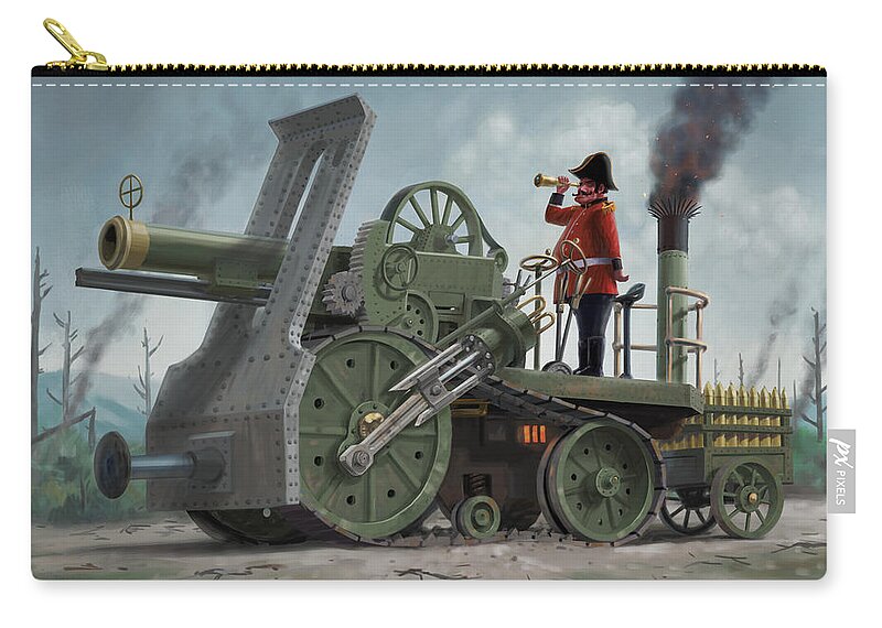 Military Zip Pouch featuring the digital art Steampunk military mobile field gun by Martin Davey