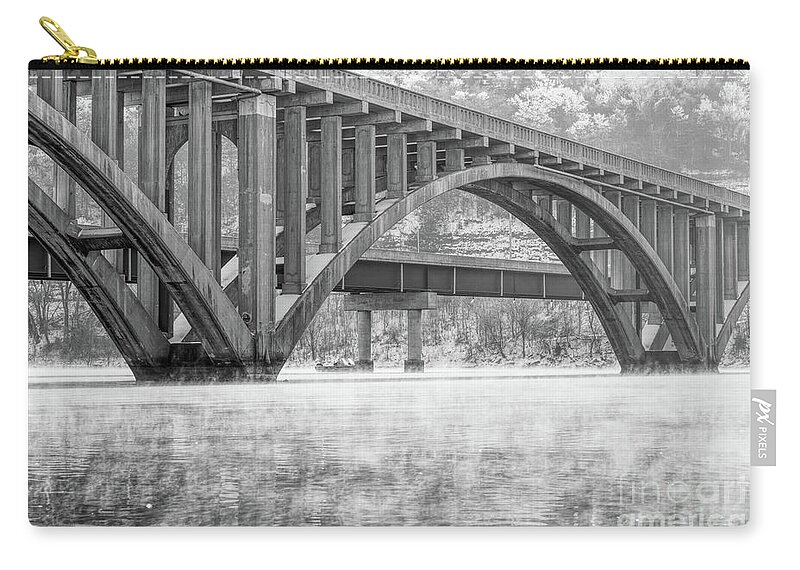 Branson Zip Pouch featuring the photograph Steamy Winter Morning Branson Bridge Grayscale by Jennifer White