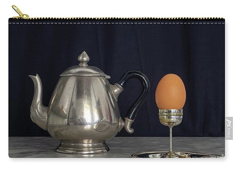 Patina Zip Pouch featuring the photograph Sterling Silver Eggcup and Teapot Black Background Still Life by Pablo Avanzini